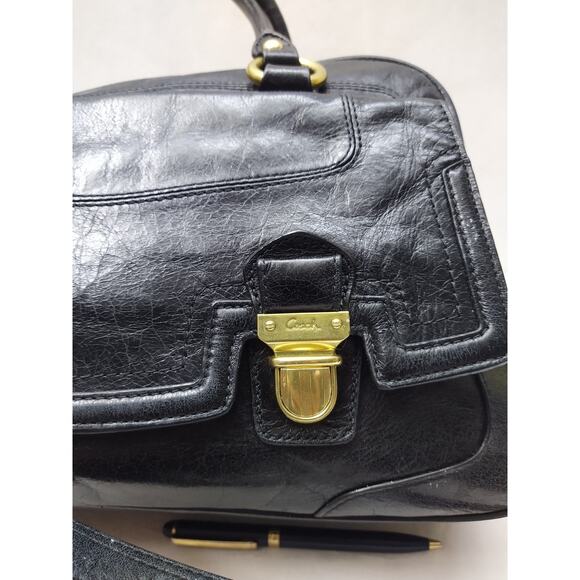 Coach Poppy Black Leather Double Pushlock Double Handles Satchel Bag - Picture 4 of 16